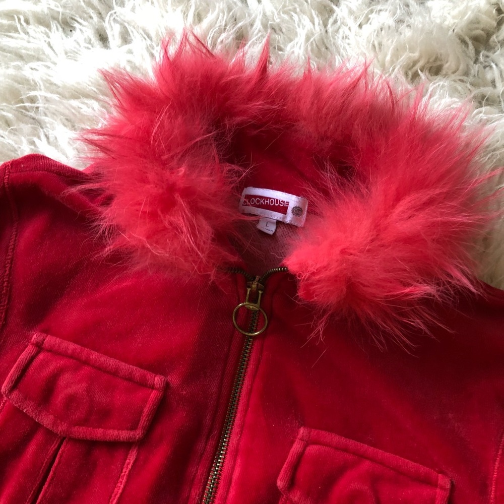 Real fur collar red velvet short jacket - Picture 3 of 5